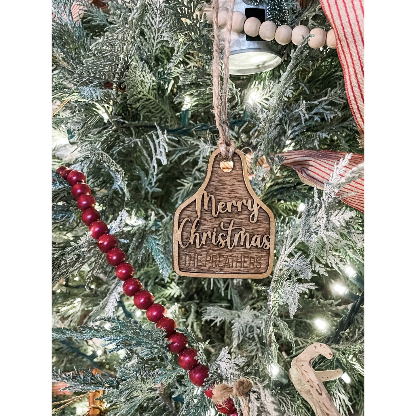 Merry Christmas Family Cattle Tag Ornament - Laser Engraved & Customized