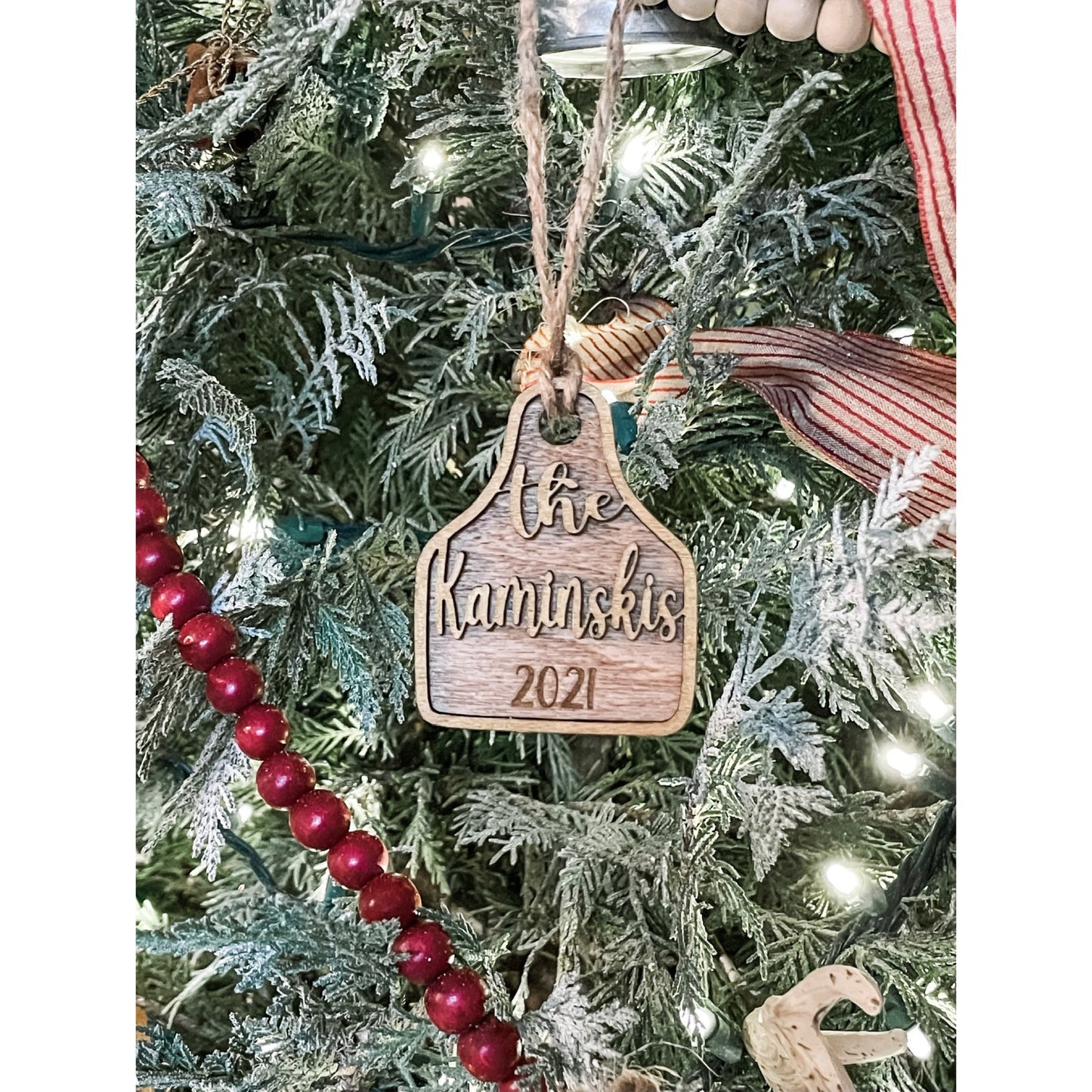 Merry Christmas Family Cattle Tag Ornament - Laser Engraved & Customized