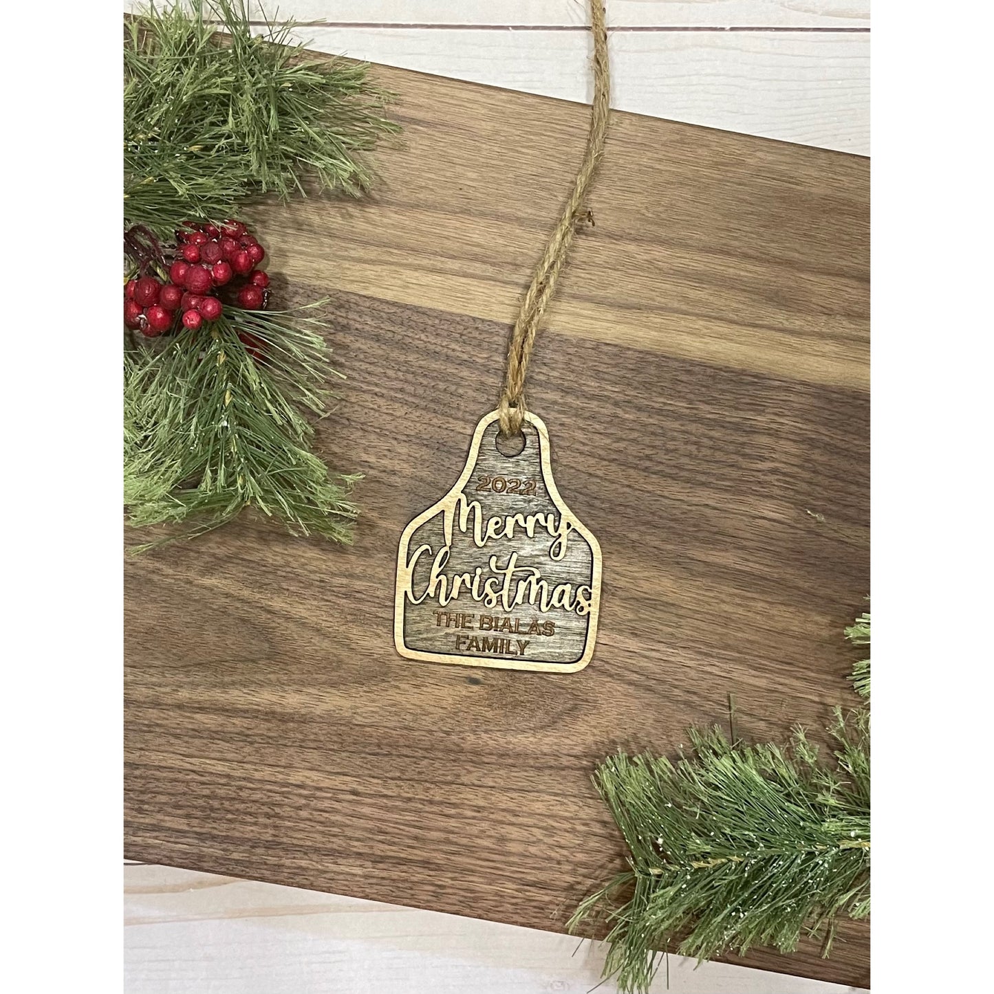 Merry Christmas Family Cattle Tag Ornament - Laser Engraved & Customized