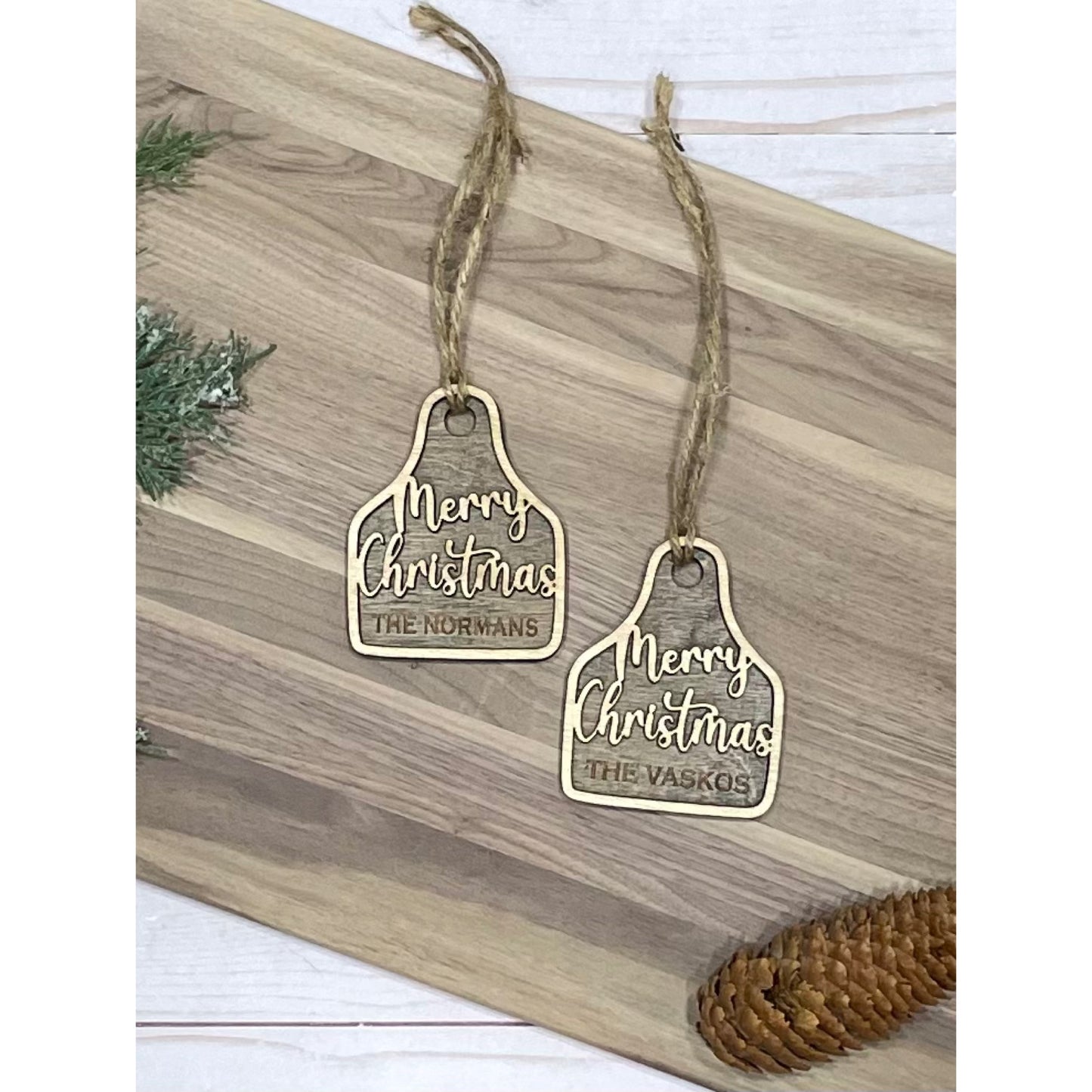 Merry Christmas Family Cattle Tag Ornament - Laser Engraved & Customized